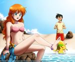  1girl anklet aqua_eyes ball bare_legs barefoot beach beachball black_hair boulder brown_eyes cloud day earrings feet gen_1_pokemon hair_ornament jewelry kasumi_(pokemon) laura_jimenez long_hair long_legs navel necklace open_mouth orange_hair outdoors pikachu pokemon pokemon_(anime) pokemon_(creature) satoshi_(pokemon) shell shell_bikini shorts sitting star 