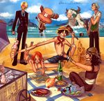  1girl 4boys beach black_hair blonde_hair blue_sky bottle cigarette cloud clouds copyright_name cow female fish food green_hair hat ice_cream male map meat mohmoo monkey_d_luffy monster multiple_boys nami nami_(one_piece) nose_ring ocean one_piece orange_hair outdoors overalls roronoa_zoro sanji sea_monster shorts sky smoking straw_hat swimsuit title_drop tony_tony_chopper topless usopp 