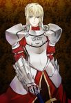  armor armored_dress blonde_hair clarent dress fate/apocrypha fate/stay_night fate_(series) gauntlets green_eyes mordred_(fate) mordred_(fate)_(all) pauldrons reverse_trap silangwan solo sword weapon 