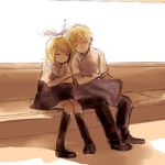  1girl blonde_hair brother_and_sister couple hetero kagamine_len kagamine_rin kuronyanko short_hair siblings sleeping twins vocaloid 