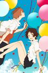  1girl balloon barefoot brown_eyes brown_hair cloud day floating highres konno_makoto legs mameko mamiya_chiaki open_mouth petals pleated_skirt profile school_uniform short_hair skirt sky smile toki_wo_kakeru_shoujo 