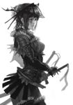  armor bangs gloves hair_ornament kaburagi_yasutaka monochrome original profile shoulder_pads simple_background skirt solo sword weapon 