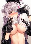  1girl :d bangs black_gloves black_jacket blue_eyes blush breasts cellphone cleavage commentary eto_(nistavilo2) eyebrows_visible_through_hair girls_frontline glint gloves grin hands_up head_tilt heterochromia holding holding_phone jacket large_breasts long_hair long_sleeves looking_at_viewer mdr_(girls_frontline) mouth_hold multicolored_hair navel nose_blush open_clothes open_jacket open_mouth phone pink_hair red_eyes shirt_lift sidelocks silver_hair simple_background smartphone smile solo stomach streaked_hair sweat taking_picture teeth two_side_up upper_body v white_background 