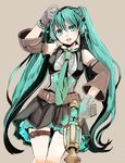  bad_id bad_pixiv_id detached_sleeves garters gloves green_eyes green_hair hatsune_miku long_hair necktie open_mouth simple_background skirt solo twintails very_long_hair vocaloid yukinari 