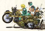  akimoto_kouji antennae axe bandages bandaid blonde_hair blue_hair bmw bullet canteen dog_tags driving exhaust explosive goggles grenade ground_vehicle gun hammer helmet highres honda jar knife motor_vehicle motorcycle multiple_girls original rifle tank_top traditional_media weapon wheelie 