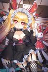  :&lt; animal_ears black_legwear blonde_hair breasts bunny bunny_ears cat_shi checkered choker cleavage collarbone flower frilled_skirt frills frown garter_straps hair_between_eyes holding long_hair medium_breasts open_mouth red_eyes rose skirt solo star stuffed_animal stuffed_bunny stuffed_toy sword_girls thighhighs very_long_hair 