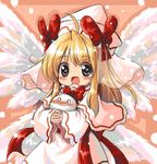  :d ahoge alternate_wings blonde_hair blue_eyes blush bow capelet fairy feathered_wings hat hat_bow heart heart-shaped_pupils holding kedama lily_white no_nose open_mouth smile solo symbol-shaped_pupils touhou veil vu_(oyavun) wide_sleeves wings 