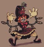  avery_(skullgirls) dress eye_socket gloves grin hat mechanical_arms orange_hair peacock_(skullgirls) picky purple_dress red_eyes ribbon sharp_teeth skullgirls smile solo teeth top_hat 