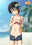  beach bikini black_hair blush brown_eyes covering covering_breasts day denim denim_shorts embarrassed lens_flare navel nisekoi open_clothes open_shorts ryunnu short_hair short_shorts shorts solo swimsuit tsugumi_seishirou unbuttoned unzipped 