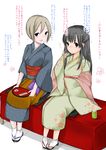  black_hair green_kimono hagoromo_komachi_(idolmaster) idolmaster idolmaster_cinderella_girls japanese_clothes kimono kobayakawa_sae kokonoe_yomogi long_hair multiple_girls shiomi_shuuko sitting white_hair 