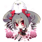  bird blush chibi flower grey_hair idolmaster idolmaster_cinderella_girls kanzaki_ranko red_eyes ribbon rose skirt smile solo twintails usoneko 