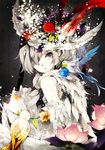  androgynous animal bare_shoulders bird blue_flower blue_rose expressionless feathers flower grey_eyes grey_hair hair_ornament hair_over_one_eye hat hat_ribbon inpells looking_back orange_flower orange_rose original ribbon rose short_hair sitting solo 