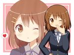  blown_kiss brown_eyes brown_hair heart highres hirasawa_yui k-on! one_eye_closed ryoutan sakuragaoka_high_school_uniform school_uniform short_hair spoken_heart zoom_layer 