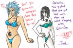  2girls abs angry arrancar bikini black_hair bleach blue_eyes blue_hair blush breasts cleavage clenched_hand clenched_teeth collarbone english espada expressionless facial_mark genderswap green_eyes grimmjow_jaegerjaquez hair_over_one_eye hand_on_hip hole hollow large_breasts long_hair multiple_girls navel short_hair side-tie_bikini spiked_hair strapless_bikini swimsuit tattoo teeth text ulquiorra_cifer white_skin 