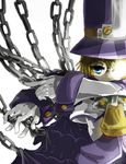  1boy arc_system_works blazblue blazblue:_calamity_trigger blonde_hair blue_eyes cape carl_clover chains child glasses gloves glowing hat highres male male_focus simple_background solo top_hat 
