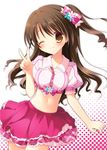  aono_ribbon blush bow brown_eyes brown_hair crop_top hair_bow half_updo idolmaster idolmaster_cinderella_girls long_hair midriff navel one_eye_closed one_side_up pink_check_school shimamura_uzuki skirt smile solo v 