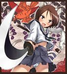  :d animal_ears bird black_eyes blush brown_hair cameltoe cat_ears foreshortening hanafuda hi-ho- navel nishizawa_yoshiko open_mouth panties scarf school_uniform serafuku short_hair skirt smile solo sword tail underwear upskirt weapon white_panties world_witches_series 