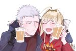  &gt;:) 1boy 1girl ahoge alcohol alternate_costume beer blonde_hair blue_eyes blush devil_may_cry drunk eyes_closed fate/extra fate_(series) fingerless_gloves gloves grey_hair hood hoodie kyou_(ningiou) mechanical_arm namesake nero_(devil_may_cry) nero_claudius_(fate) nero_claudius_(fate)_(all) one_eye_closed open_mouth smile 