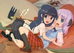  2girls all_fours bell between_legs black_legwear blue_eyes blue_hair blush camera furude_rika futon hanyuu hiding higurashi_no_naku_koro_ni hime_cut hoe holding_hands horns interlocked_fingers jingle_bell lavender_hair loafers long_hair looking_at_viewer lying multiple_girls paparazzi plaid plaid_skirt pleated_skirt sasaki_toshiyuki school_uniform shirt shoes short_sleeves signature skirt smile suspenders tomitake_jirou vest wavy_mouth white_legwear 