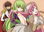  2girls annoyed bangs bare_legs blue_eyes brown_background brown_dress brown_hair bullying c.c. cinderella code_geass dress epaulettes euphemia_li_britannia green_hair hair_grab head_scarf kurimomo kururugi_suzaku long_hair long_sleeves military military_uniform multiple_girls pink_hair pleated_skirt simple_background skirt surprised tears uniform upper_body very_long_hair yellow_eyes 