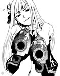  aiming_at_viewer collar copyright_request dual_wielding greyscale gun holding holding_gun holding_weapon jacket long_hair midriff monochrome navel qiqo solo weapon 