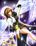  blue_eyes brown_hair hair_ornament hat kisaragi_ivi17 lyrical_nanoha magic mahou_shoujo_lyrical_nanoha mahou_shoujo_lyrical_nanoha_a's mahou_shoujo_lyrical_nanoha_strikers miniskirt one_eye_closed schwertkreuz short_hair skirt solo staff x_hair_ornament yagami_hayate 