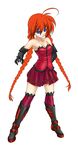  ahoge bare_shoulders blue_eyes boots braid breasts cleavage gloves long_hair lyrical_nanoha mahou_shoujo_lyrical_nanoha nagii older orange_hair small_breasts solo thighhighs twin_braids very_long_hair vita 