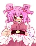  :o alternate_color blush breasts dress hair_bobbles hair_ornament large_breasts looking_at_viewer muuba obi onozuka_komachi open_mouth pink_hair red_dress red_eyes sash short_hair solo touhou two_side_up underbust 