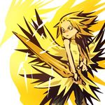  :&lt; blonde_hair closed_mouth costume gen_1_pokemon hitec male_focus moemon personification pokemon silhouette solo sword v-shaped_eyebrows weapon yellow zapdos 