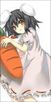  animal_ears black_hair blush bunny_ears carrot carrot_necklace cowboy_shot inaba_tewi jewelry looking_at_viewer pendant puffy_short_sleeves puffy_sleeves shingetsu_takehito short_hair short_sleeves solo standing touhou 