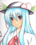  blue_hair food fruit hinanawi_tenshi kirisaki_byakko leaf long_hair peach solo touhou 