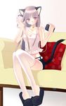  animal_ears animal_slippers bare_arms bell bell_choker body_blush brown_hair cat_ears cat_slippers cat_tail choker couch headphones headphones_removed holding jingle_bell koshikawa_guu long_hair original pillow pink_eyes polka_dot_pillow sitting smile solo tail thighhighs white_legwear 