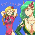  artist_request blonde_hair breasts character_name china_dress chinese_clothes cleavage closed_eyes dress final_fantasy final_fantasy_iv final_fantasy_iv_the_after flower green_eyes green_hair large_breasts lowres multiple_girls oekaki red_flower red_rose rose rydia ursula_leiden 