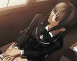  book brown_hair glasses hiruda_reia long_hair purple_eyes school_uniform shining_(series) shining_wind sitting solo tanaka_takayuki 