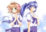  blue_hair hayase_mitsuki igul kimi_ga_nozomu_eien multiple_girls ribbon school_uniform suzumiya_haruka 