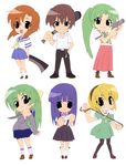  5girls baseball_bat blonde_hair chibi furude_rika green_skirt gun hatchet higurashi_no_naku_koro_ni houjou_satoko knife maebara_keiichi multiple_girls nose_hatchet numata_seiya official_art pantyhose rope ryuuguu_rena siblings sisters skirt sonozaki_mion sonozaki_shion syringe twins weapon 