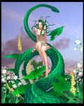  anima dress flower gorgon green_eyes hair_flower hair_ornament legs living_hair monster_girl outdoors scales sitting sky snake solo wen-m 