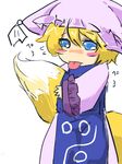  animal_ears bad_id bad_pixiv_id blonde_hair blue_eyes fox_tail hat long_sleeves pillow_hat short_hair solo tail tassel tongue tongue_out touhou white_background wide_sleeves yakumo_ran younger 