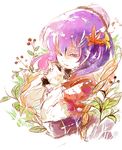  autumn_leaves cis_(carcharias) dress hair_ornament leaf_hair_ornament long_sleeves purple_hair red_dress red_eyes short_hair simple_background solo touhou upper_body white_background yasaka_kanako 