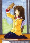  artist_request clannad desk hikarizaka_private_high_school_uniform ibuki_fuuko inspecting kneeling one_eye_closed pantyhose school_uniform solo starfish 