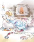 alice_margatroid blonde_hair blue_dress book carpet doll dress feet_up fire flame flying from_side indoors mugishima_orie open_book paper pillow profile puffy_short_sleeves puffy_sleeves reading shanghai_doll short_hair short_sleeves solo touhou 