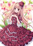  :d blonde_hair bow dress floral_background flower frilled_dress frilled_sleeves frills hands_clasped hat lolita_fashion long_hair looking_at_viewer mini_hat mini_top_hat open_mouth orchid original own_hands_together red_dress red_eyes smile solo top_hat yukiwo 