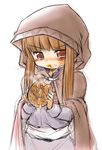  blush brown_hair cloak eating food food_on_face holo hood long_hair nisu pie red_eyes solo spice_and_wolf 