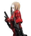  armor blonde_hair blue_eyes bodysuit breasts expressionless from_side gun handgun highres holding holding_gun holding_weapon large_breasts long_hair m1911 masao_tsubasa metal_gear_(series) metal_gear_acid metal_gear_acid_2 official_art pauldrons pistol profile simple_background skin_tight solo trigger_discipline upper_body venus_(mga) weapon white_background 