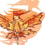  bare_shoulders barefoot bird closed_eyes costume fiery_wings fire gen_1_pokemon hitec long_hair moemon moltres personification pokemon ponytail red red_hair silhouette sleeveless solo wings 