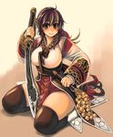 bell breasts brown_eyes brown_hair curvy large_breasts plump ragnarok_online smile solo soul_linker sword thighhighs weapon xration 