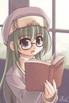  blue_eyes book copyright_request glasses green_hair reading solo xration 