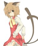 animal_ears ass bad_id bad_pixiv_id blush brown_eyes brown_hair cat_ears cat_tail chen earrings fang hayagiri jewelry multiple_tails short_hair skirt skirt_lift solo tail touhou 