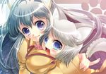  animal_ears blue_eyes breast_press breasts ezomori_nozomu fox_ears hug kanokon large_breasts minamoto_chizuru multiple_girls purple_eyes school_uniform shuuko silver_hair tail wolf_ears 