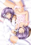  clannad closed_eyes fujibayashi_kyou fujibayashi_ryou hair_ribbon igul multiple_girls panties ribbon ribbon-trimmed_underwear ribbon_trim siblings sisters sleeping thighhighs twins underwear 